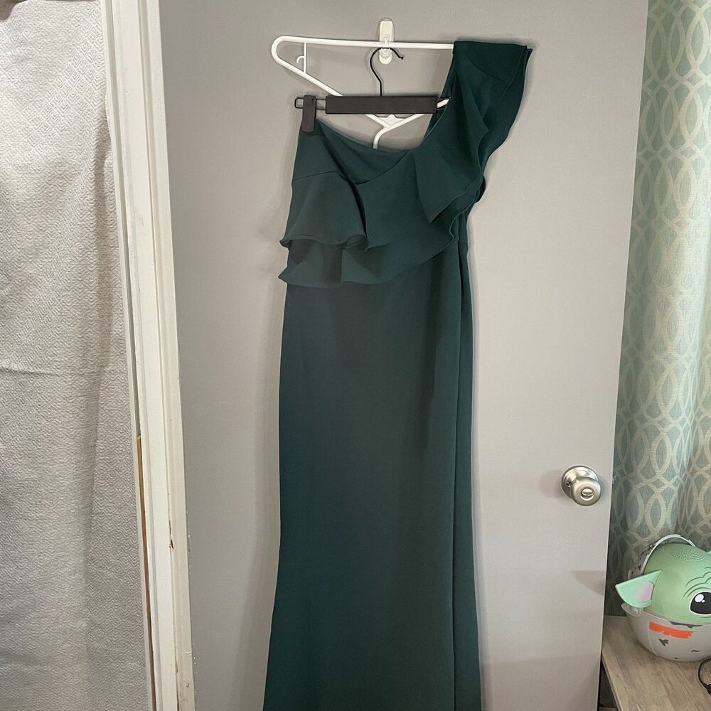 LuLus Womens L Kiss Me Again Ruffled One Shoulder Maxi Dress Forest Green